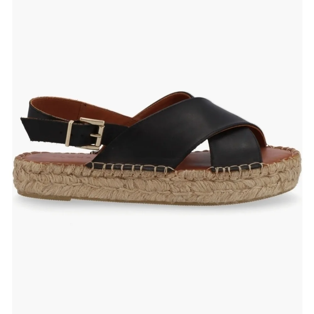 Alohas Crossed Black Leather Espadrilles Sandals Platform Made in Spain Size 36
